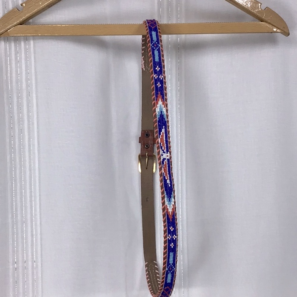 Vintage Leather Beaded Blue Red White Phoenix Pattern Belt 36”